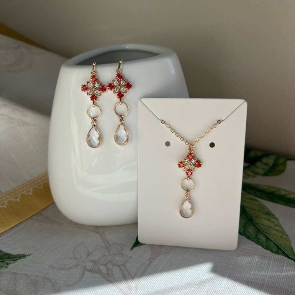 Orange Quartz Crystal Jewelry Set, Diamond Cross Shape, Mini Hoops, Casual - Picture 2 of 9